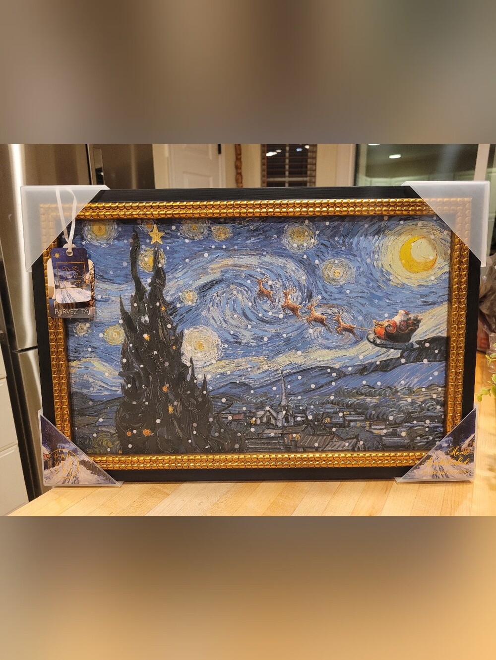 Van Gogh Santa Blue Starry Night Christmas Canvas Wall Art with Gold Frame